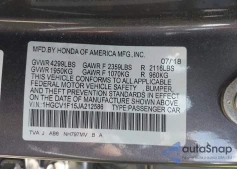 2018 Honda Accord Lx из США, поврежденный, VIN 1HGCV1F15JA212586